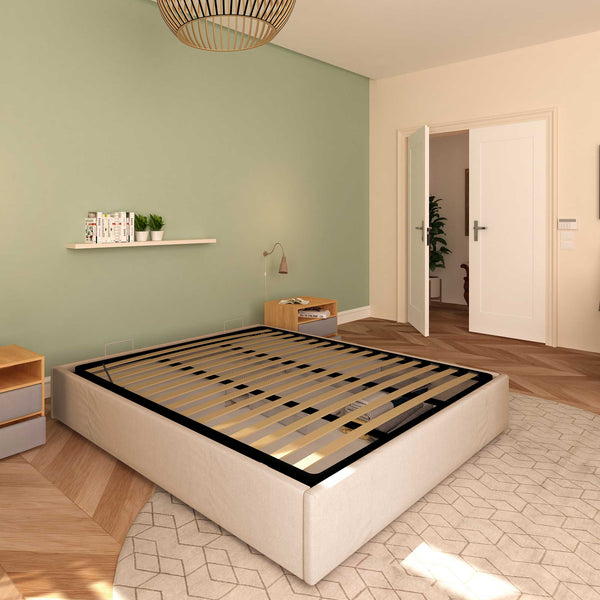 Baldiflex letto contenitore king size queen size senza testata in tessuto Cloe grigio talpa da sinistra