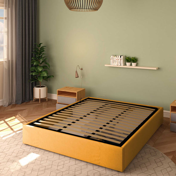 Baldiflex letto contenitore king size queen size senza testata in tessuto Cloe mango da destra