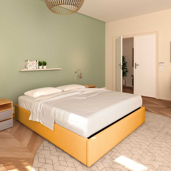 Baldiflex letto contenitore king size queen size senza testata in tessuto Cloe mango da sinistra con materasso