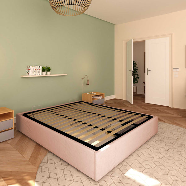 Baldiflex letto contenitore king size queen size senza testata in tessuto Cloe rosa antico da sinistra
