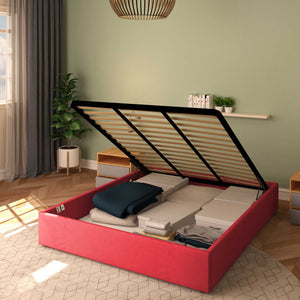 Baldiflex letto contenitore king size queen size senza testata in tessuto Cloe rosso da destra con rete alzata