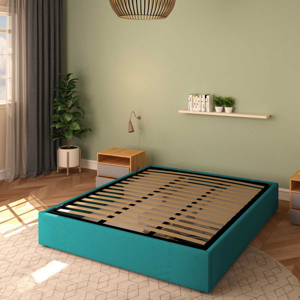 Baldiflex letto contenitore king size queen size senza testata in tessuto Cloe turchese da destra