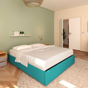 Baldiflex letto contenitore king size queen size senza testata in tessuto Cloe turchese da sinistra con rete alzata