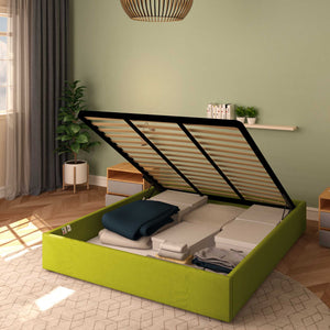 Baldiflex letto contenitore king size queen size senza testata in tessuto Cloe verde da destra con rete alzata
