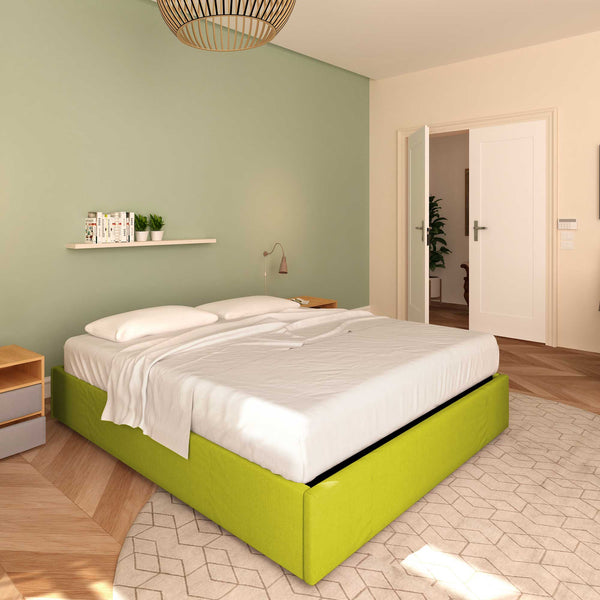 Baldiflex letto contenitore king size queen size senza testata in tessuto Cloe verde da sinistra con materasso