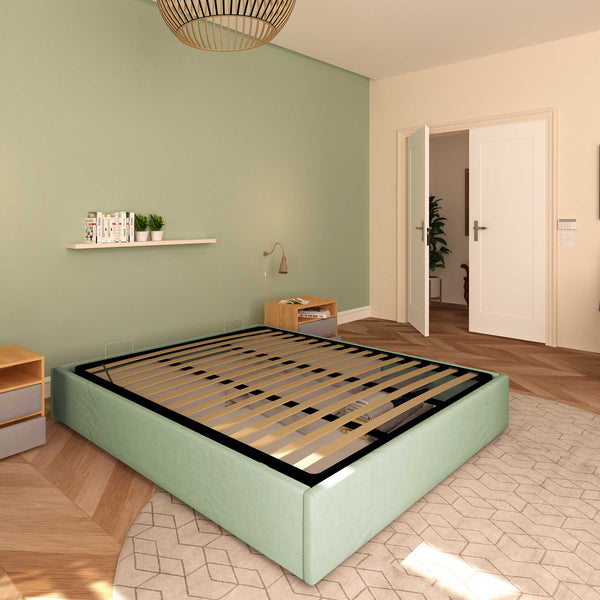 Baldiflex letto contenitore king size queen size senza testata in tessuto Cloe verde menta da sinistra