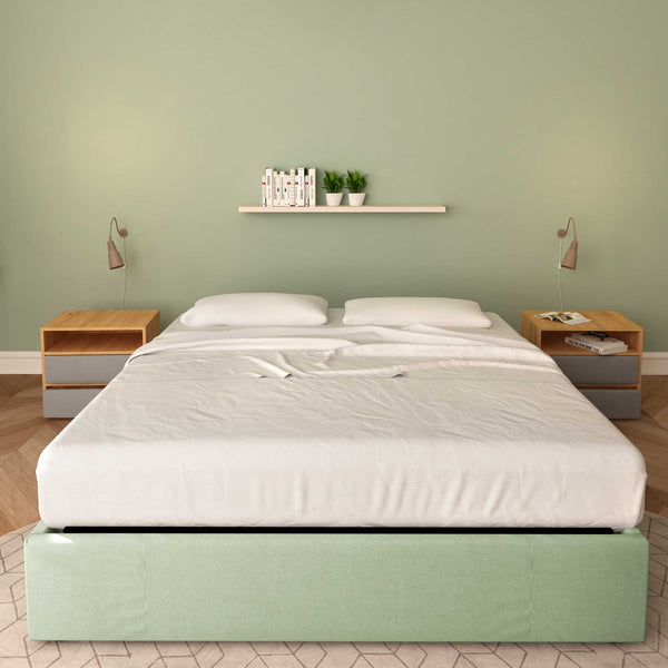 Baldiflex letto contenitore king size queen size senza testata in tessuto Cloe verde menta fronte con materasso