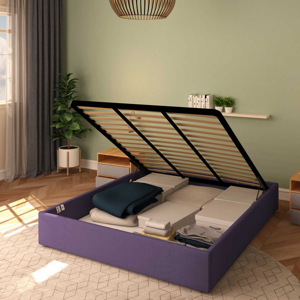 Baldiflex letto contenitore king size queen size senza testata in tessuto Cloe viola da rete alzata