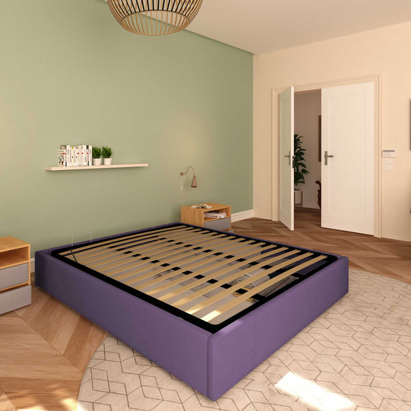 Baldiflex letto contenitore king size queen size senza testata in tessuto Cloe viola da sinistra