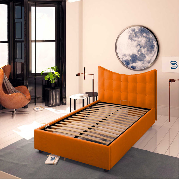 Baldiflex letto contenitore piazza e mezza in ecopelle Moon arancione da destra