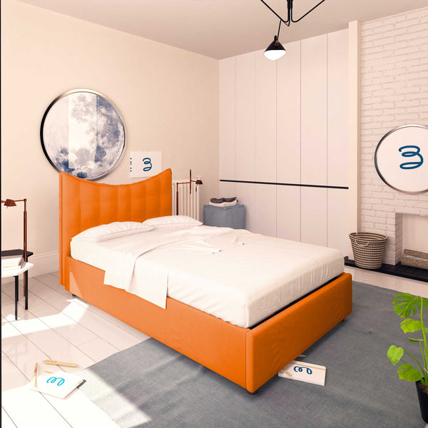 Baldiflex letto contenitore piazza e mezza in ecopelle Moon arancione da sinistra con materasso