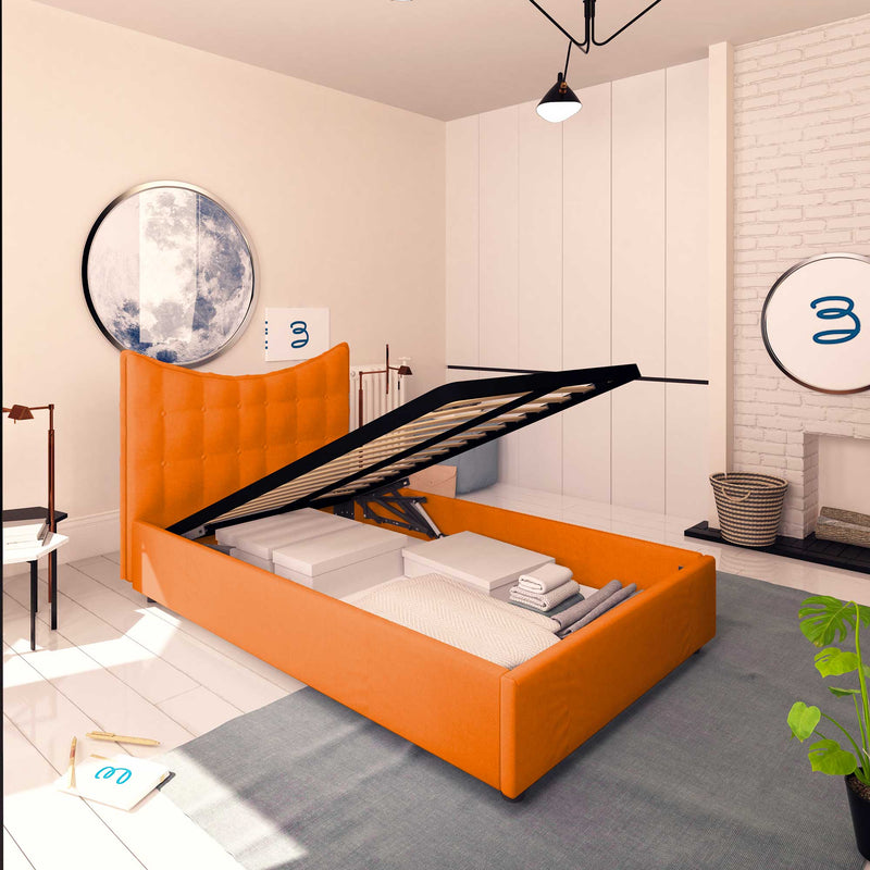 Baldiflex letto contenitore piazza e mezza in ecopelle Moon arancione da sinistra con rete alzata