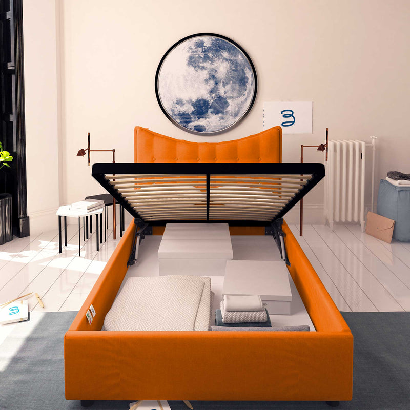 Baldiflex letto contenitore piazza e mezza in ecopelle Moon arancione fronte rete alzata
