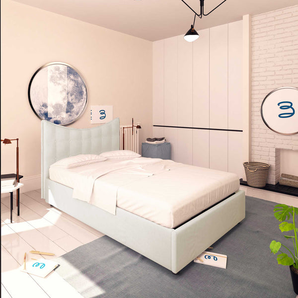 Baldiflex letto contenitore piazza e mezza in ecopelle Moon beige chiaro da sinistra con materasso