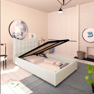 Baldiflex letto contenitore piazza e mezza in ecopelle Moon beige chiaro da sinistra rete alzata