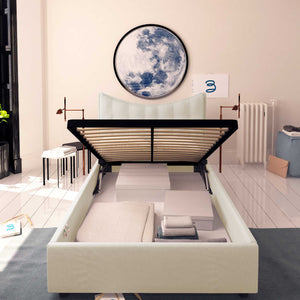 Baldiflex letto contenitore piazza e mezza in ecopelle Moon beige chiaro fronte rete alzata