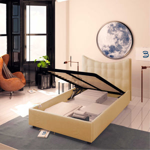 Baldiflex letto contenitore piazza e mezza in ecopelle Moon beige da destra rete alzata