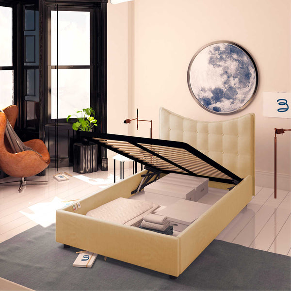 Baldiflex letto contenitore piazza e mezza in ecopelle Moon beige da destra rete alzata