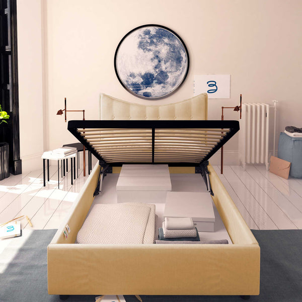 Baldiflex letto contenitore piazza e mezza in ecopelle Moon beige fronte rete alzata