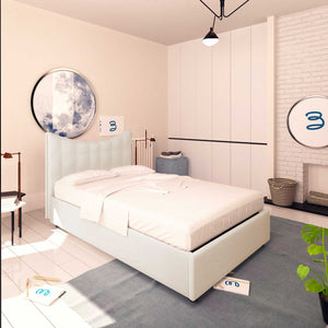 Baldiflex letto contenitore piazza e mezza in ecopelle Moon bianco da sinistra