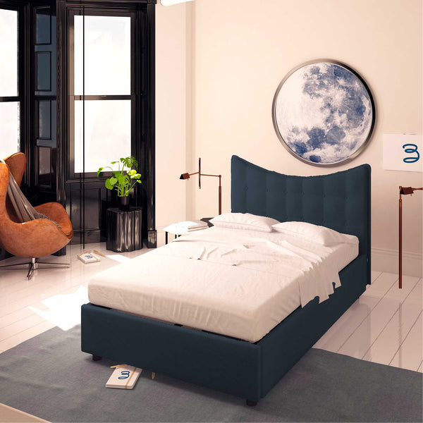 Baldiflex letto contenitore piazza e mezza in ecopelle Moon blu notte da destra con materasso