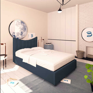Baldiflex letto contenitore piazza e mezza in ecopelle Moon blu notte da sinistra con materasso