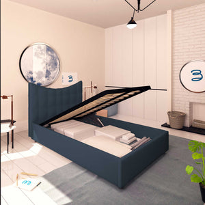 Baldiflex letto contenitore piazza e mezza in ecopelle Moon blu notte da sinistra rete alzata