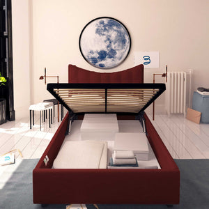 Baldiflex letto contenitore piazza e mezza in ecopelle Moon bordeaux fronte rete alzata