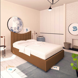 Baldiflex letto contenitore piazza e mezza in ecopelle Moon caffè da sinistra con materasso