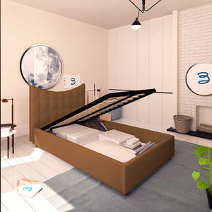 Baldiflex letto contenitore piazza e mezza in ecopelle Moon caffè da sinistra rete alzata