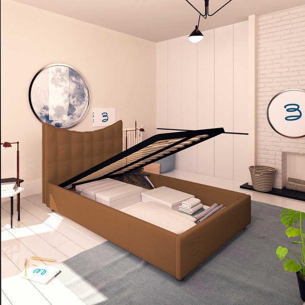 Baldiflex letto contenitore piazza e mezza in ecopelle Moon caffè da sinistra rete alzata