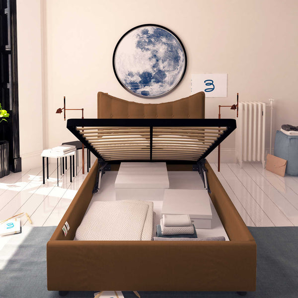 Baldiflex letto contenitore piazza e mezza in ecopelle Moon caffè fronte