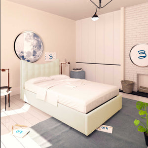 Baldiflex letto contenitore piazza e mezza in ecopelle Moon crema da sinistra con materasso