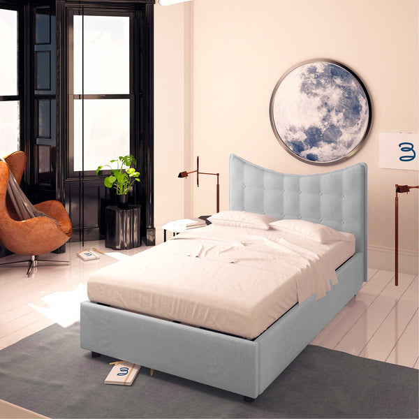 Baldiflex letto contenitore piazza e mezza in ecopelle Moon grigio chiaro da destra