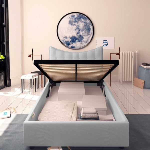 Baldiflex letto contenitore piazza e mezza in ecopelle Moon grigio chiaro fronte