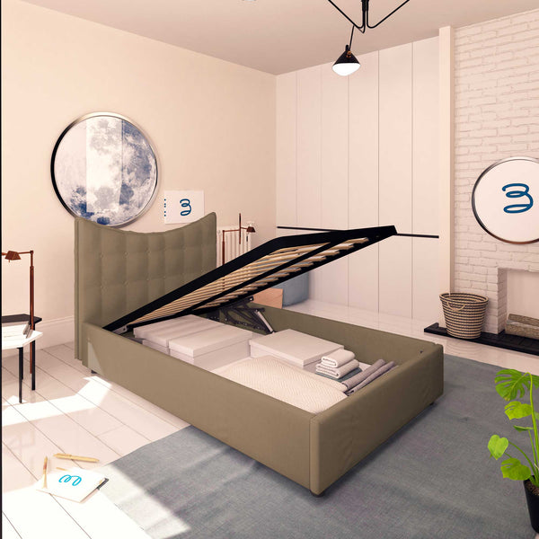 Baldiflex letto contenitore piazza e mezza in ecopelle Moon grigio talpa da sinistra rete alzata