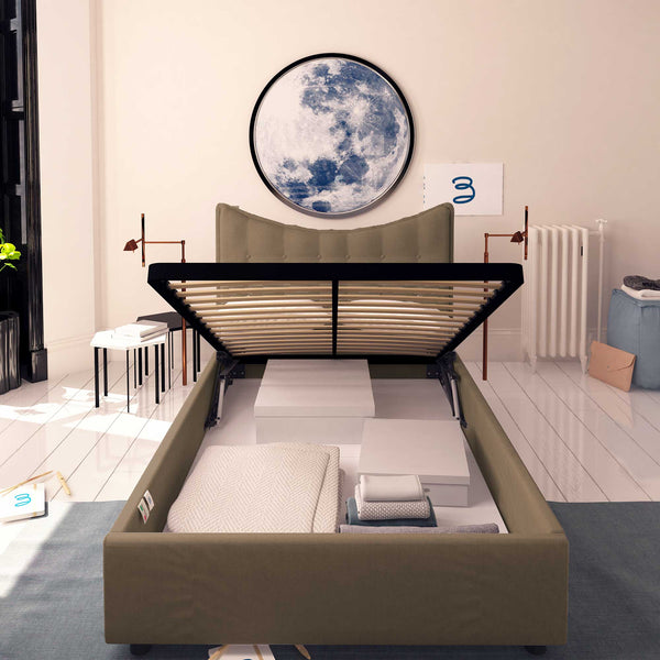 Baldiflex letto contenitore piazza e mezza in ecopelle Moon grigio talpa fronte