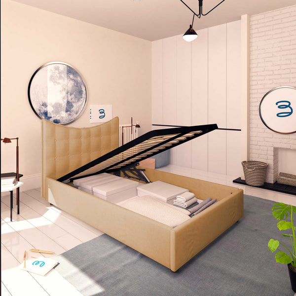 Baldiflex letto contenitore piazza e mezza in ecopelle Moon marrone chiaro da sinistra