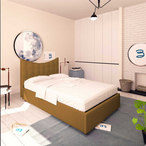 Baldiflex letto contenitore piazza e mezza in ecopelle Moon nocciola da sinistra