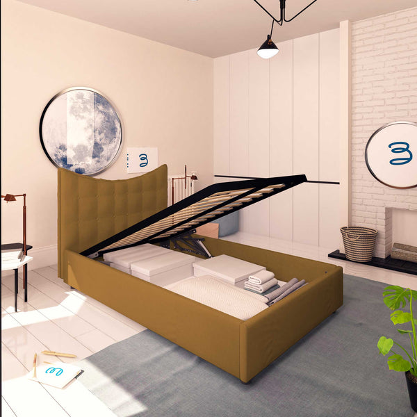 Baldiflex letto contenitore piazza e mezza in ecopelle Moon nocciola da sinistra