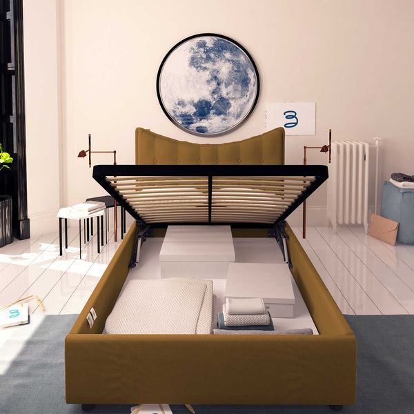 Baldiflex letto contenitore piazza e mezza in ecopelle Moon nocciola fronte