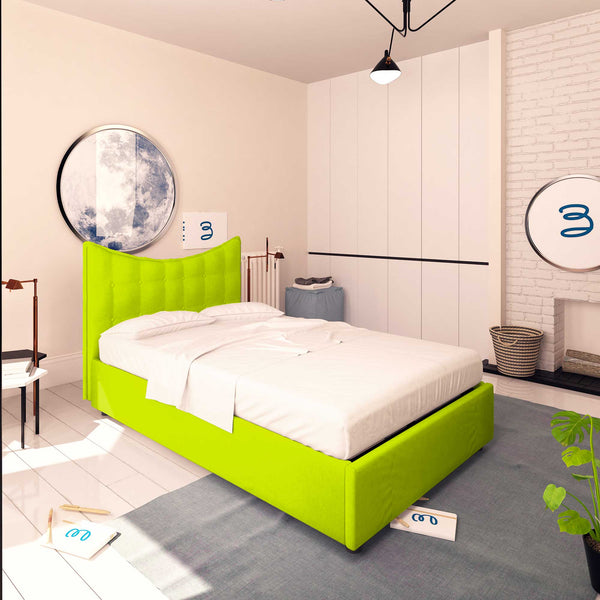 Baldiflex letto contenitore piazza e mezza in ecopelle Moon verde mela da sinistra