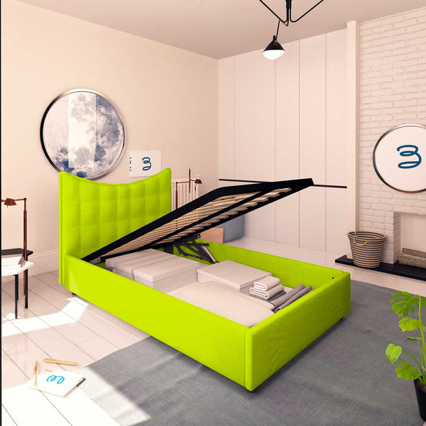 Baldiflex letto contenitore piazza e mezza in ecopelle Moon verde mela da sinistra rete alzata