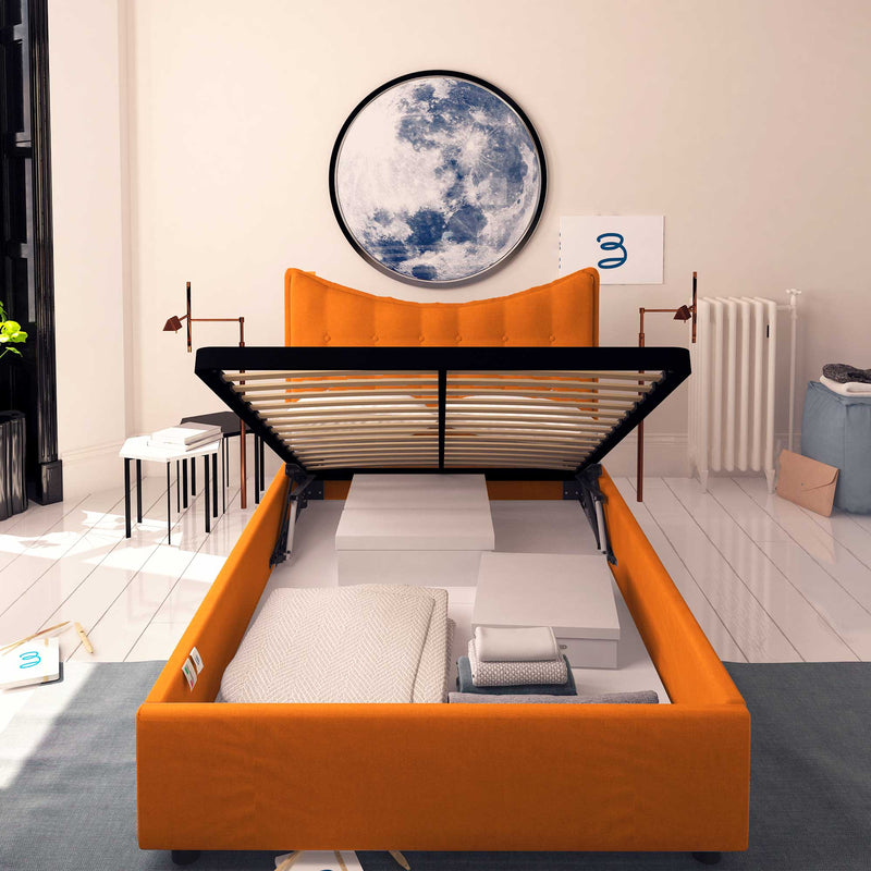 Baldiflex letto contenitore piazza e mezzo in tessuto Moon arancione fronte