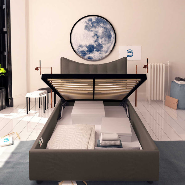 Baldiflex letto contenitore piazza e mezzo in tessuto Moon caffè fronte