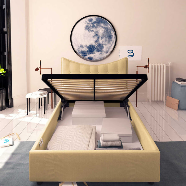 Baldiflex letto contenitore piazza e mezzo in tessuto Moon cammello fronte