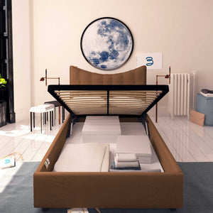 Baldiflex letto contenitore piazza e mezzo in tessuto Moon marrone fronte