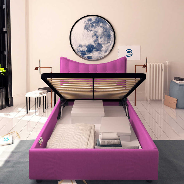 Baldiflex letto contenitore piazza e mezzo in tessuto Moon fucsia fronte