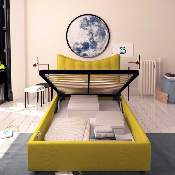 Baldiflex letto contenitore piazza e mezzo in tessuto Moon giallo senape fronte