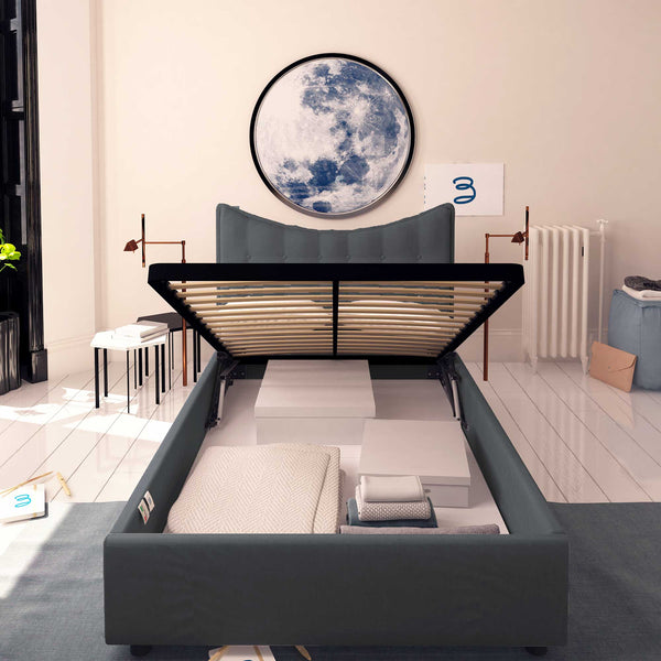 Baldiflex letto contenitore piazza e mezzo in tessuto Moon grigio grafite fronte